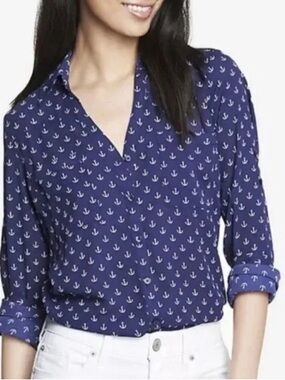 Express XS The Portofino Shirt Navy Blue Anchor Print Nautical Button Down Top